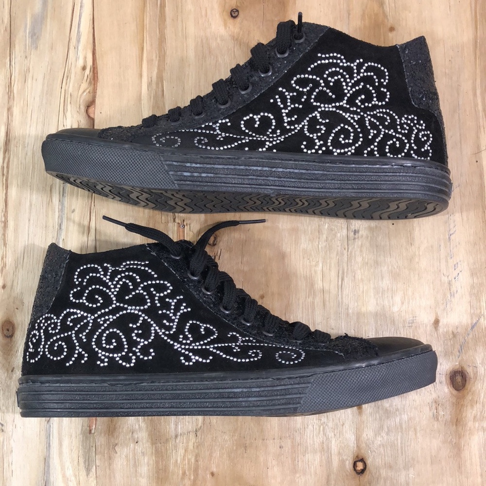 Italian Leather Lace-up Sneakers Bedazzled & Glitter Sparkle 38